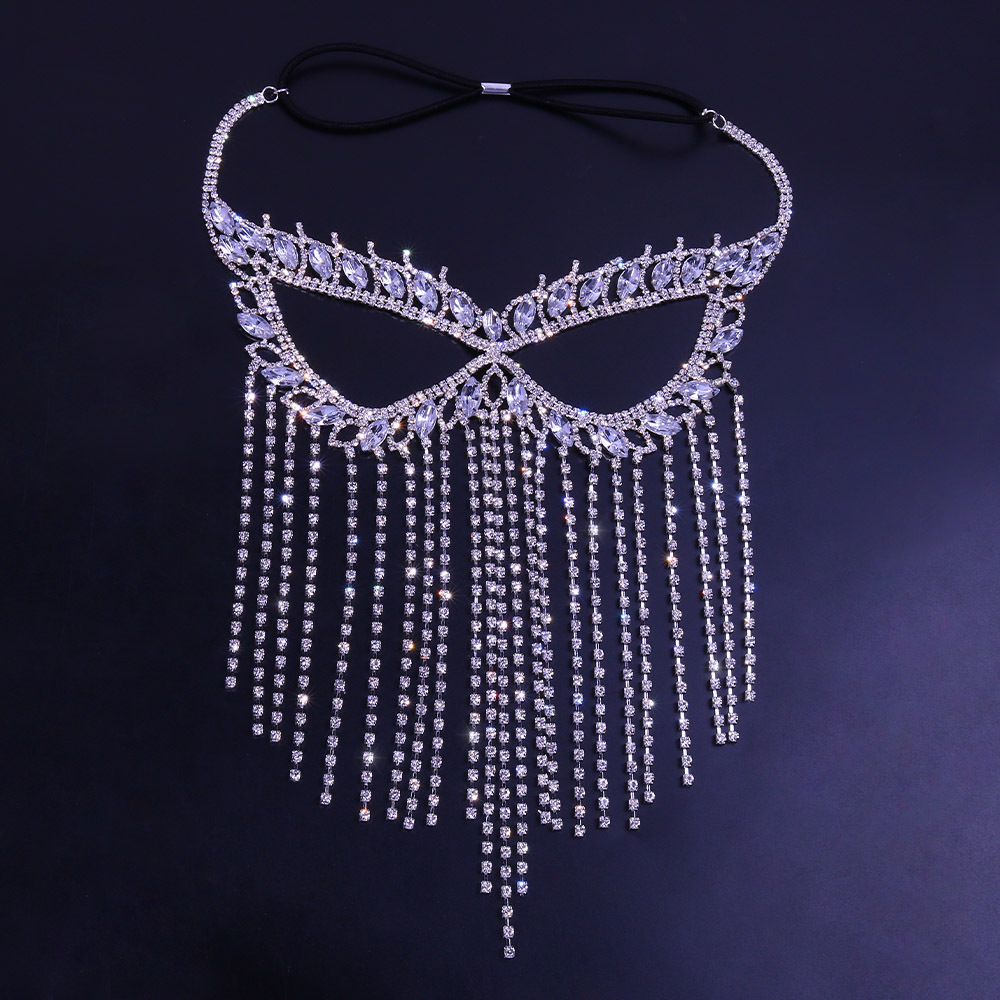 Halloween Crystal Rhinestone Face Mask With Draped Chain Design